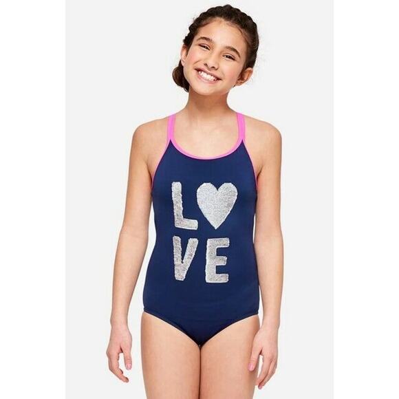 Justice Women One Piece Swimsuit Blue Flip Sequence Size 8 - Picture 1 of 1